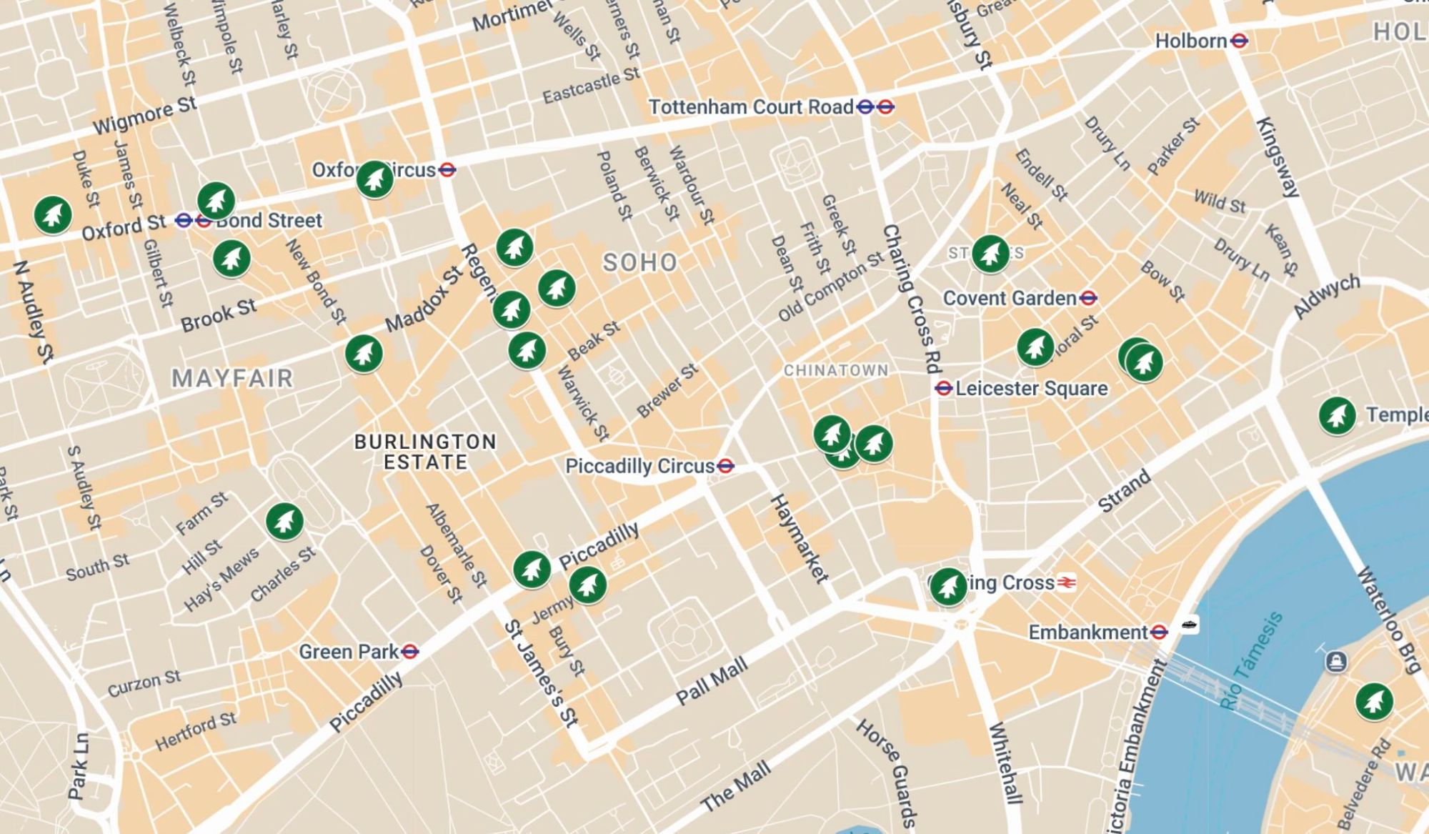 Mapa online de Londres en Navidad con los puntos navideños marcados en el centro de la ciudad