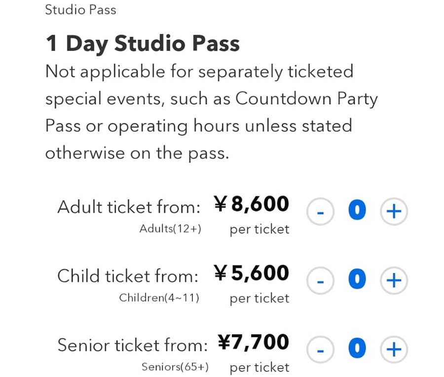 Tipos de entradas Universal Studios Japan