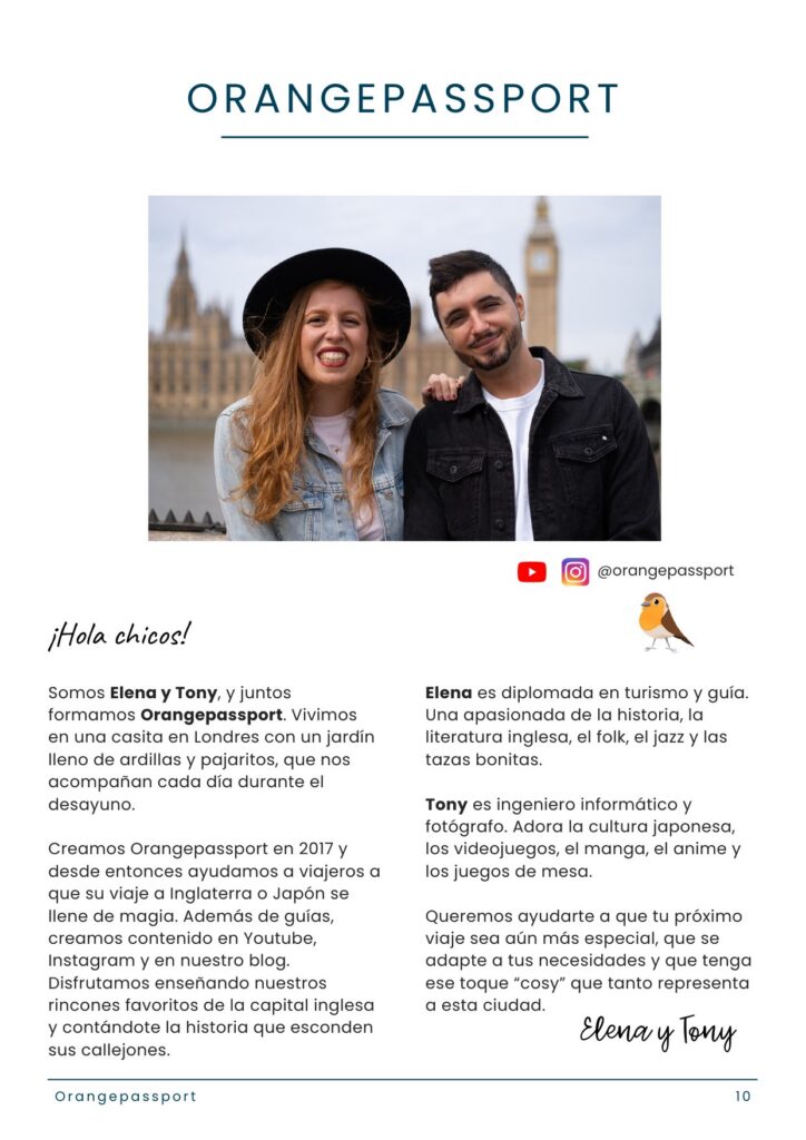 Página de la guía Cosy Londres presentando a Elena y Tony de Orange Passport